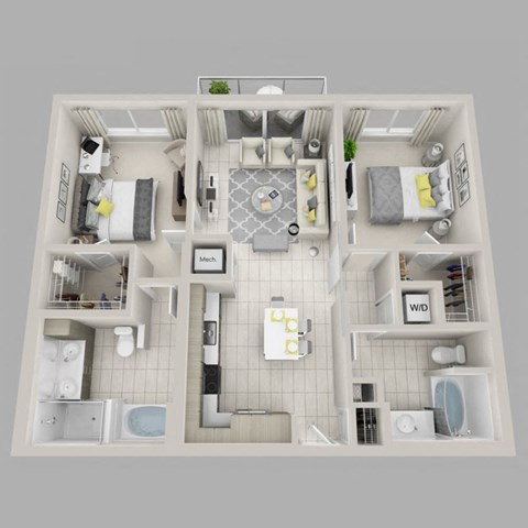 Floor plan for 2 beds, 2 baths, 1101 sqft